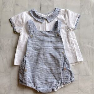 Mebi Blue & White Cotton & Linen Dungaree Shorts Outfit for Baby Boys (12M)